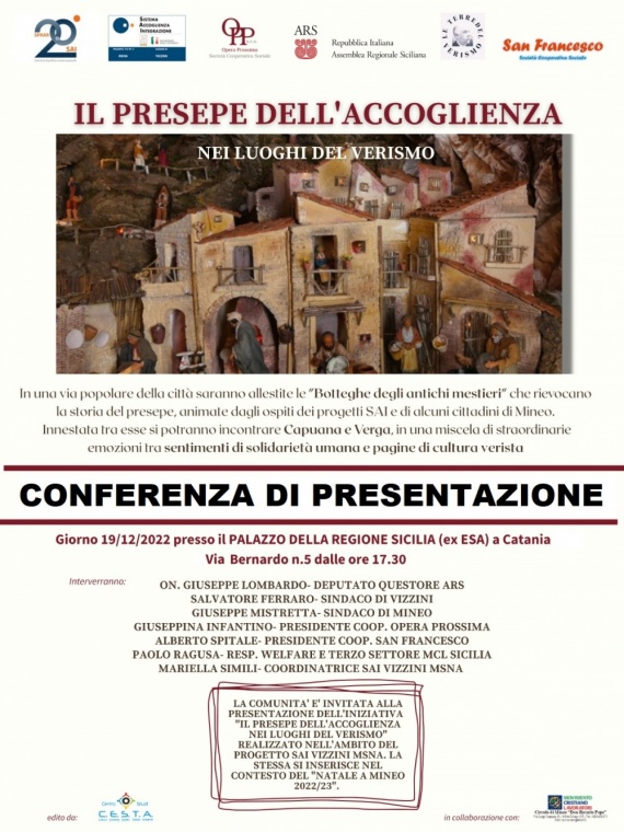 “IL PRESEPE DELL’ACCOGLIENZA NEI LUOGHI DEL VERISMO”. CONFERENZA DI PRESENTAZIONE, LUNEDI’ 19 DICEMBRE, ALLE ORE 17.30, PRESSO IL PALAZZO DELLA REGIONE SICILIANA (EX ESA)